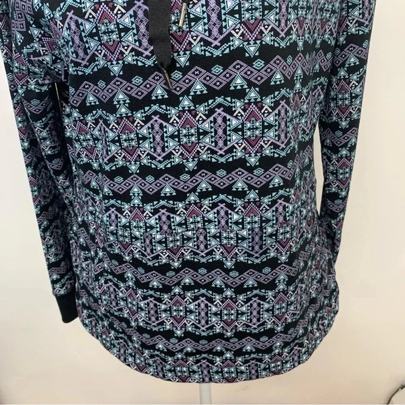 Womans Top Shirt Medium Mock Neck Tunic Purple Print Long Sleeve Pocket Comfy - Picture 3 of 11